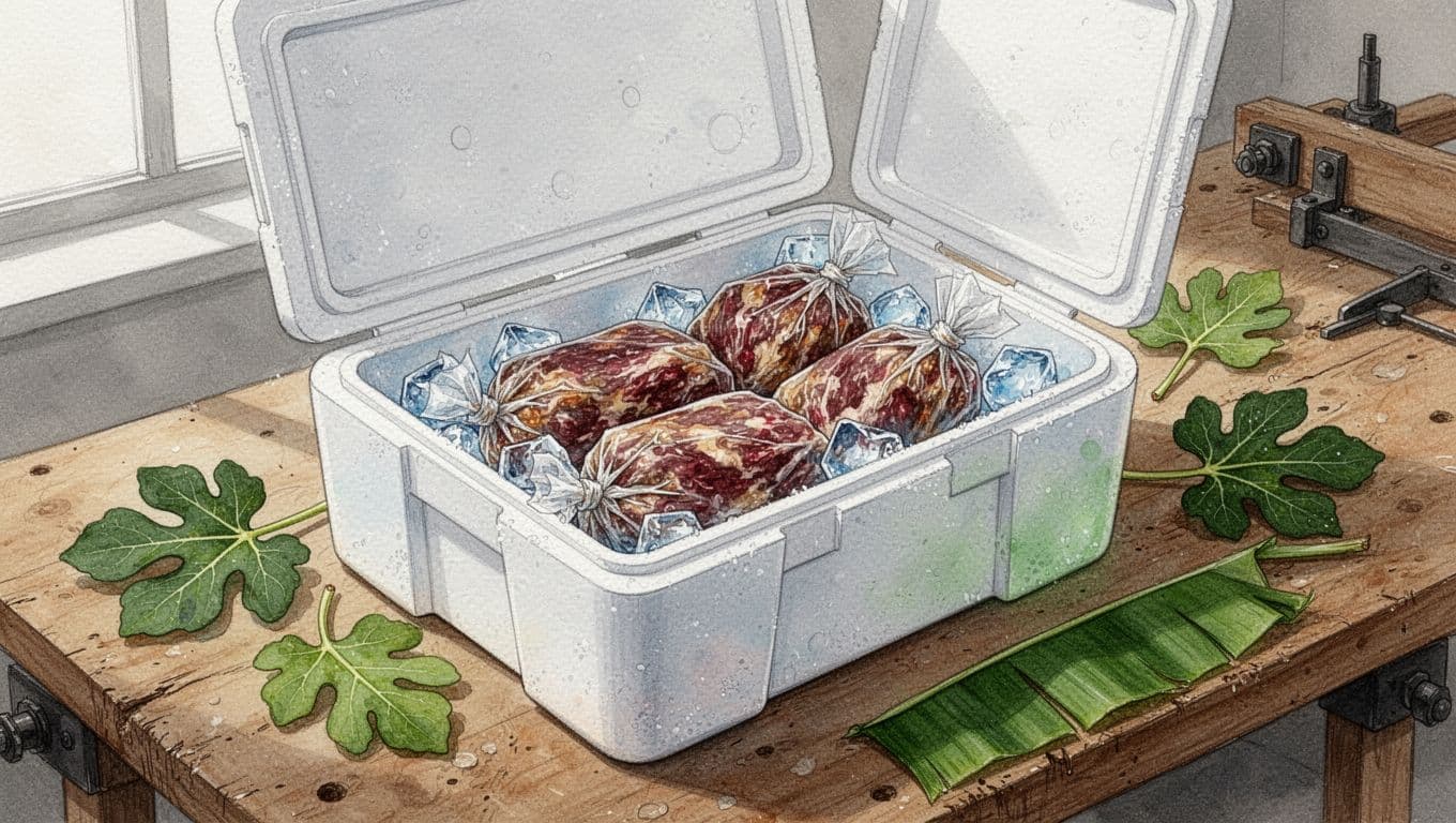 Hộp xốp mở chứa nem chua, túi gel lạnh và lá xanh trên bàn gỗ.