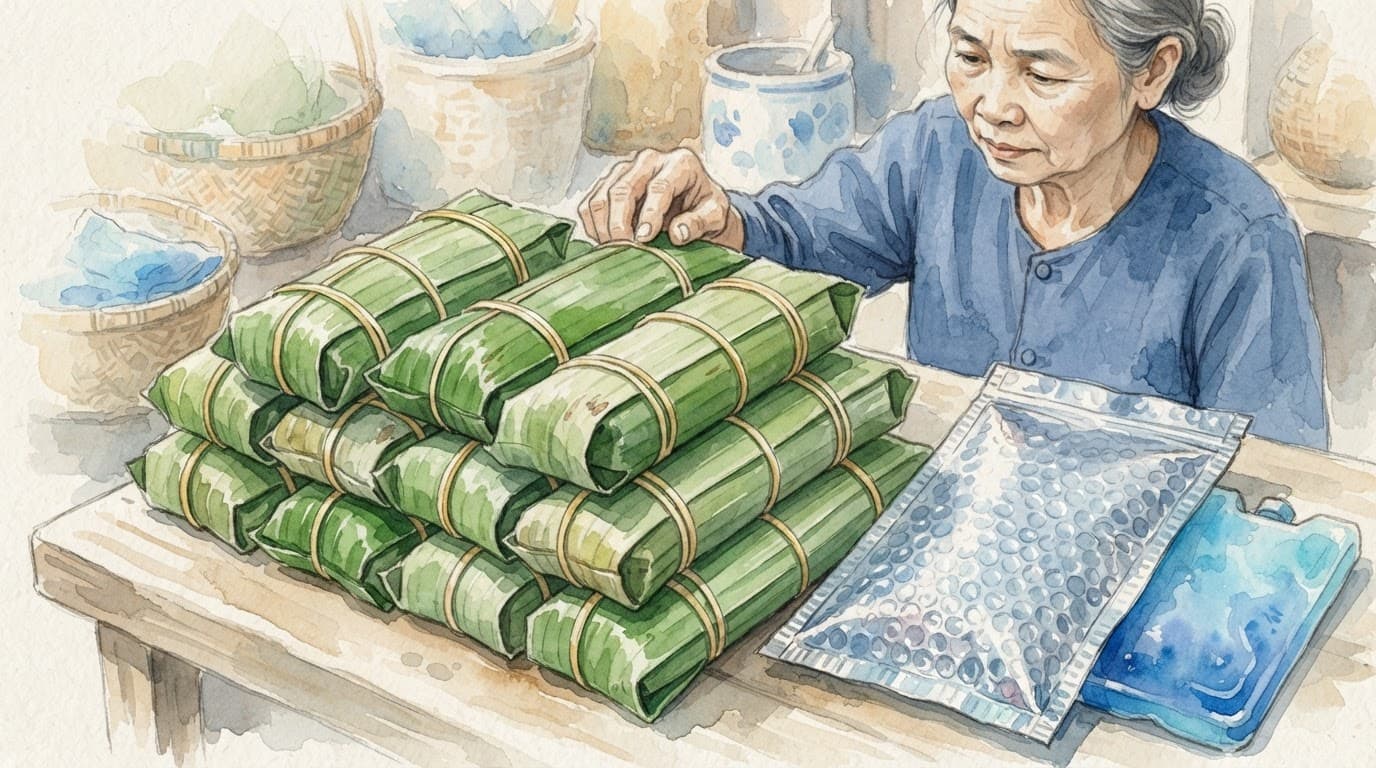 Các gói nem cạnh túi gel giữ nhiệt.