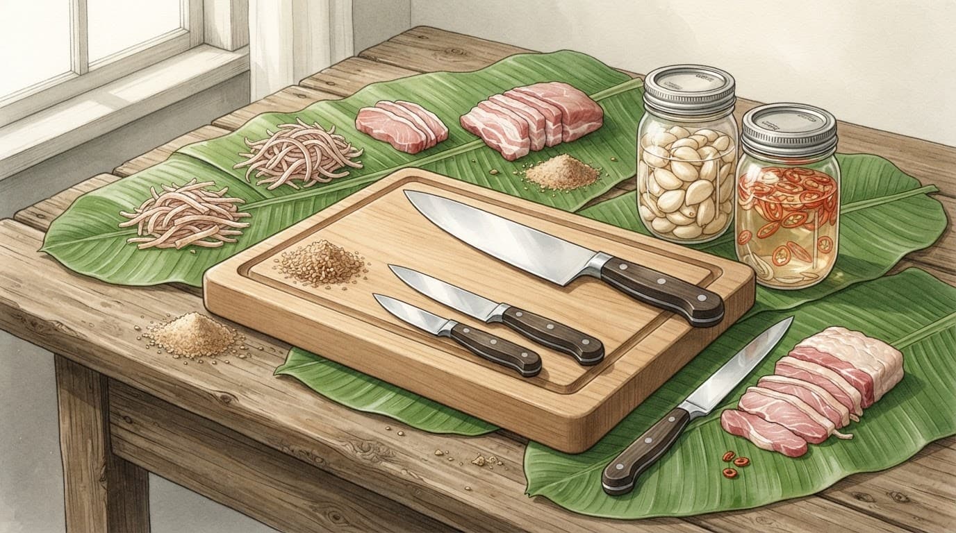 Dao, thớt và lọ thủy tinh đặt trên bàn gỗ cạnh lá chuối xanh.