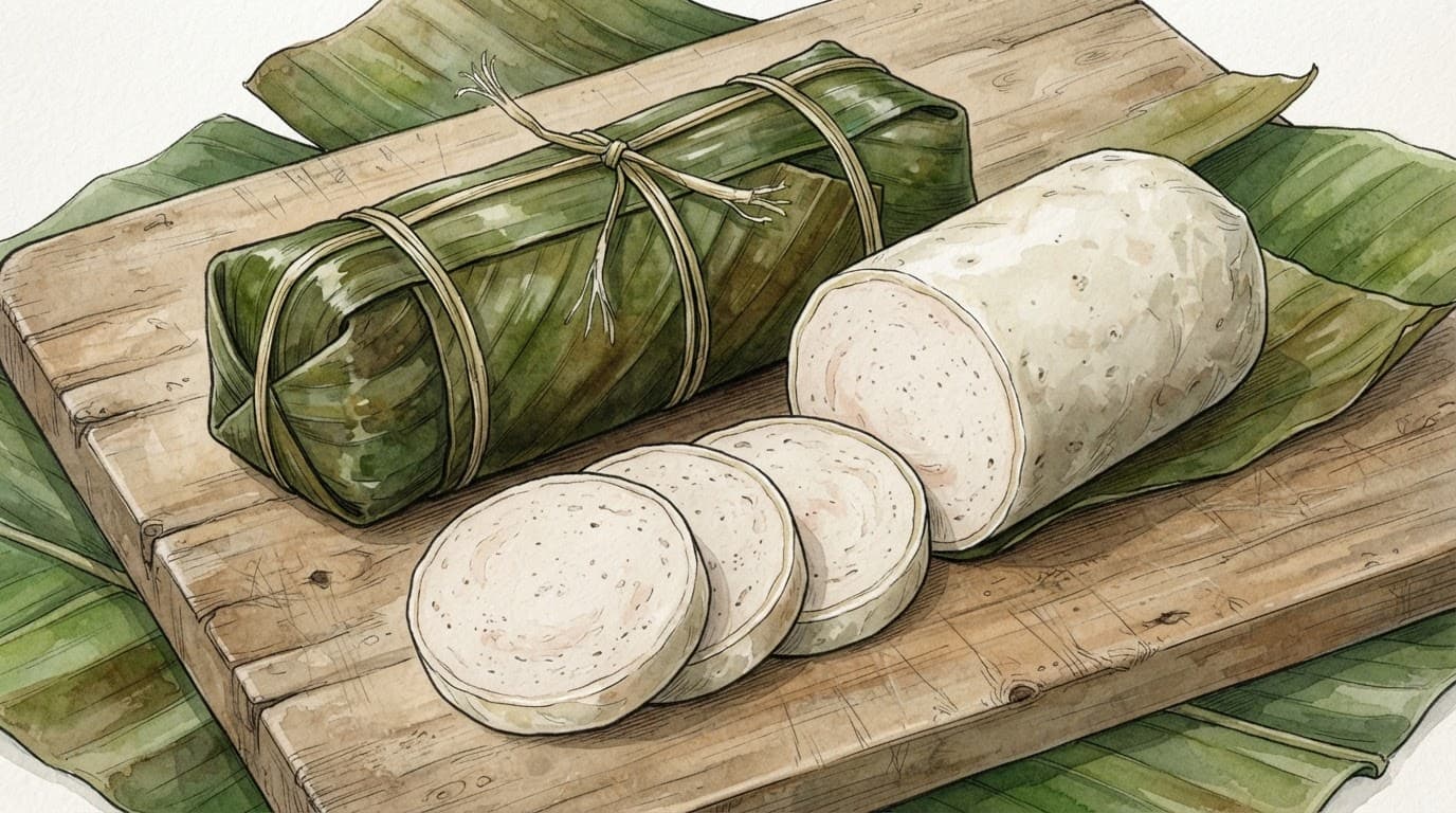 Các lát giò trắng ngà trên thớt gỗ