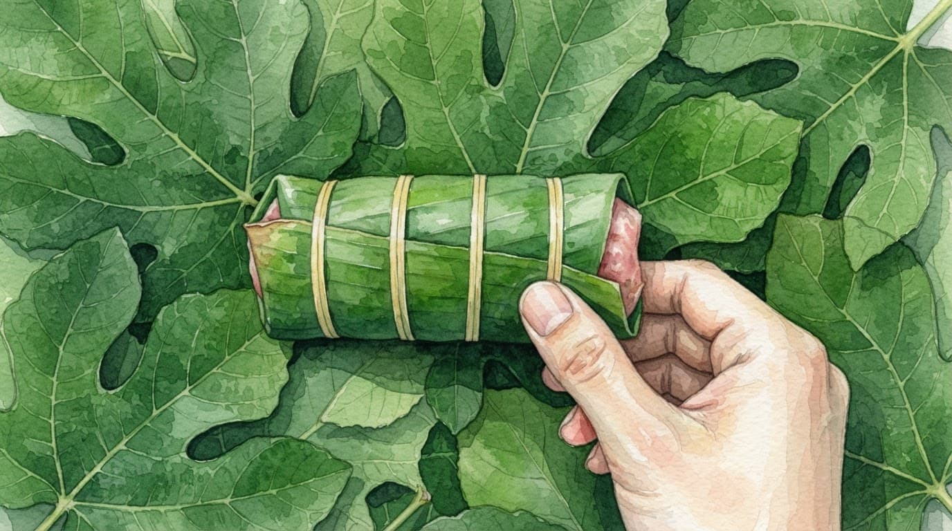 Gói nem chua bọc lá chuối, buộc dây thun vàng trên nền lá xanh.