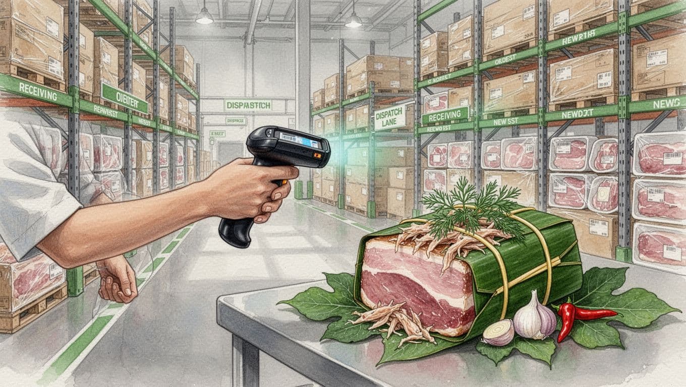 Nhân viên kiểm tra các thùng hàng và mẫu nem chua trên bàn.