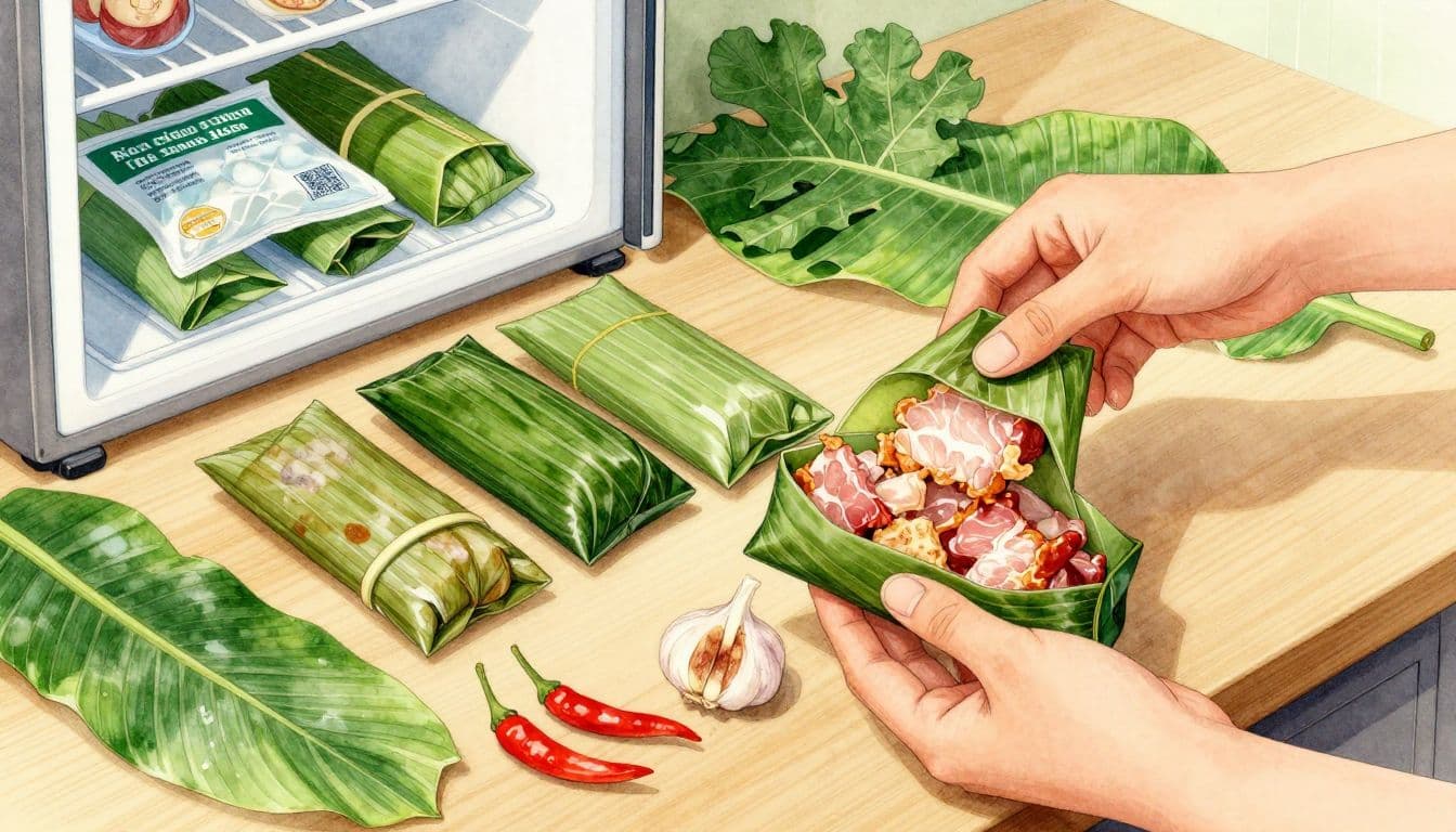 Hai bàn tay kiểm tra nem chua bọc lá chuối, với mẫu mở và mẫu hỏng được tách riêng.