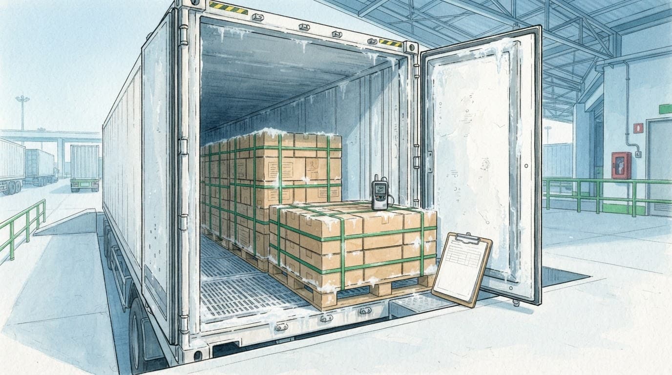 Cửa container lạnh chứa thùng thịt heo và thiết bị đo nhiệt độ.