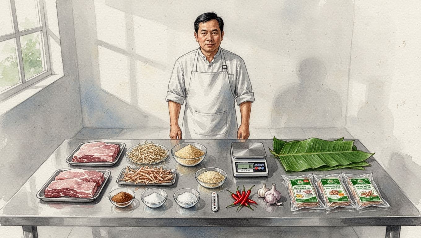 Người làm nem chua đứng bên bàn nguyên liệu được chia nhóm.