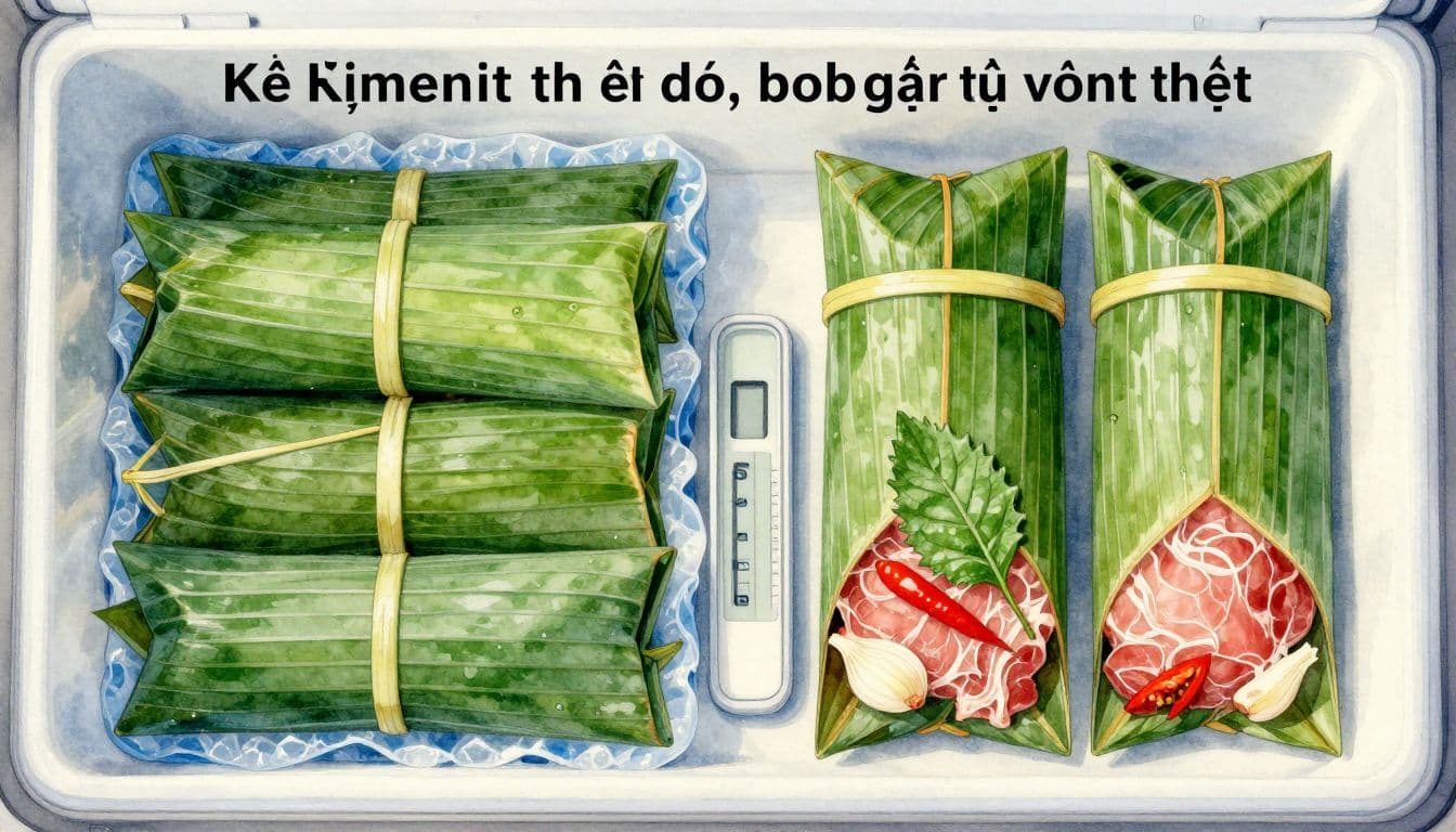 Bốn gói nem chua được giữ lạnh trong hộp cách nhiệt và hộp tủ lạnh.