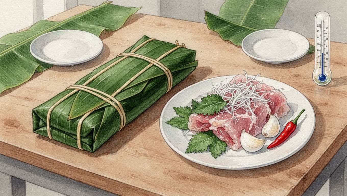 Gói nem Chua Thanh Hóa bị ép dập đặt cạnh phần nem đã mở trên bàn kiểm tra.