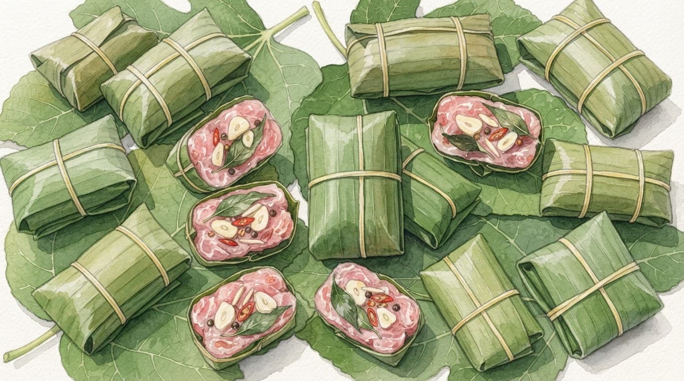 Các gói thịt lên men bọc lá xanh nằm cạnh lát cắt thịt, tỏi và rau xanh.