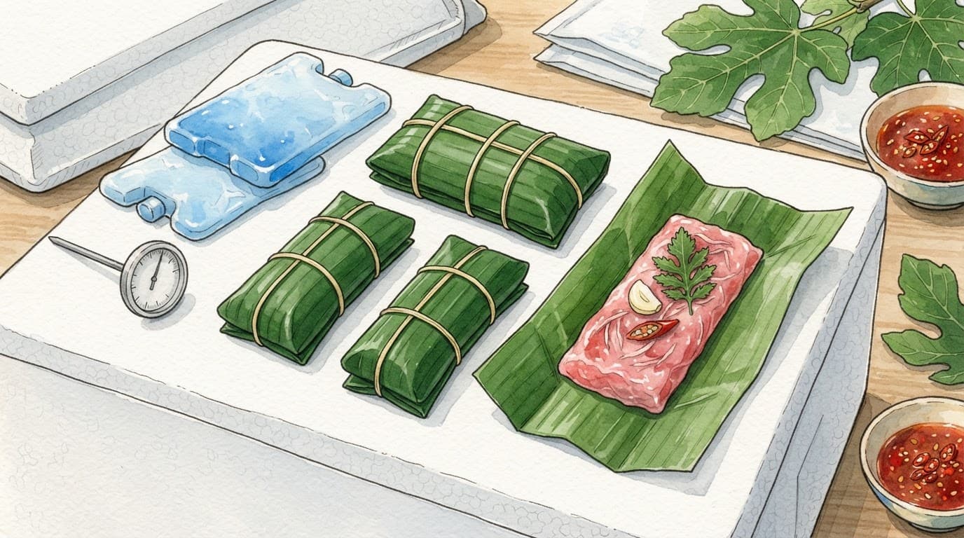 Bốn gói nem bọc lá chuối nằm cạnh đá gel và nhiệt kế trên thùng giữ nhiệt.