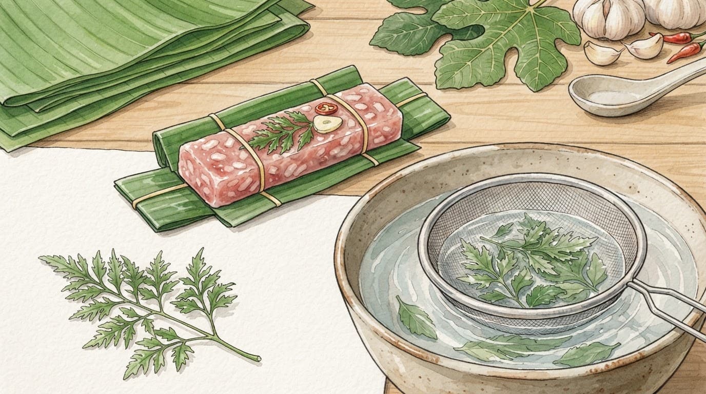Cành lá đinh lăng, lá đang rửa và gói nem chua mở hé trên bàn bếp.