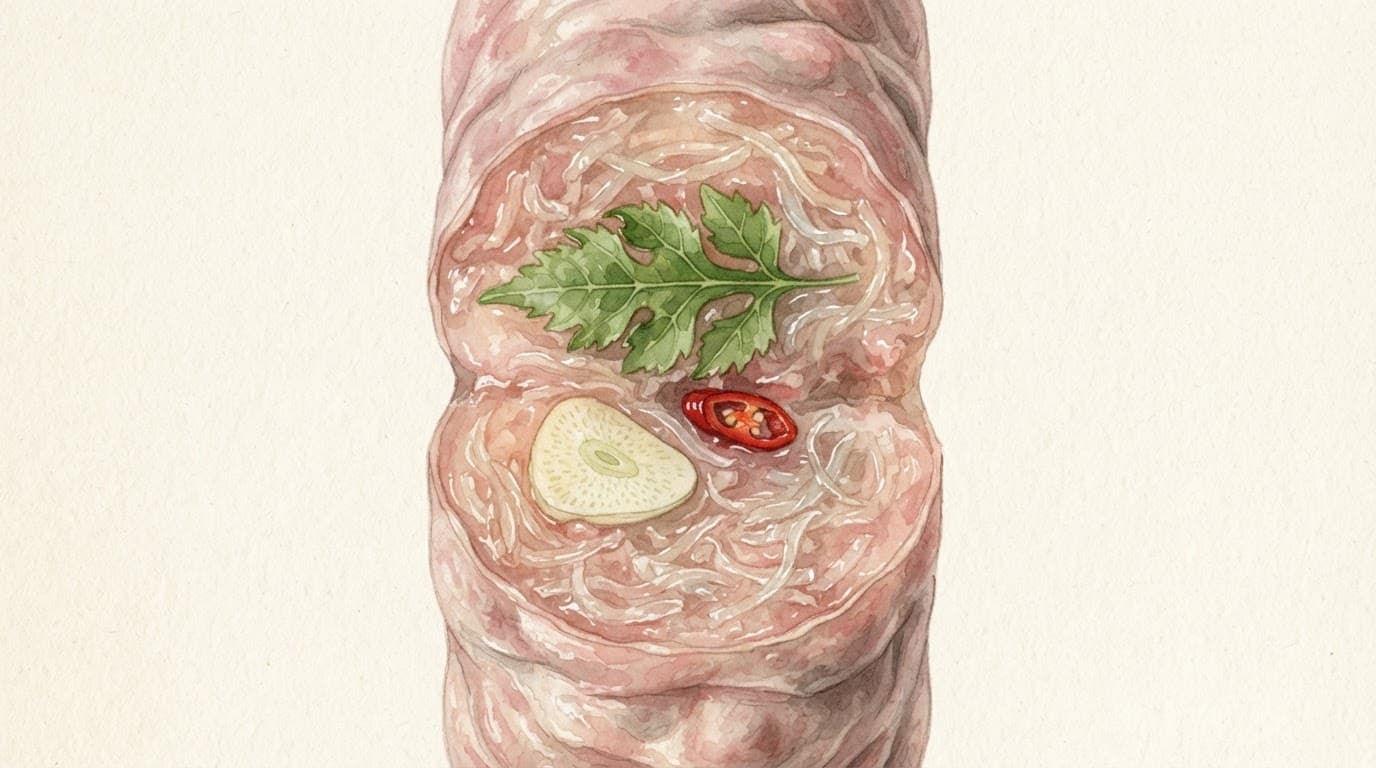 Bức vẽ màu nước hiển thị lát cắt nem chua gồm thịt hồng, bì, lá đinh lăng, tỏi và ớt.