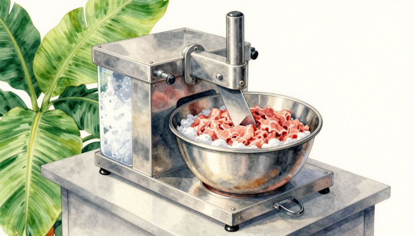 Máy xay inox có khoang làm lạnh quanh buồng thịt và cụm dao nghiêng.