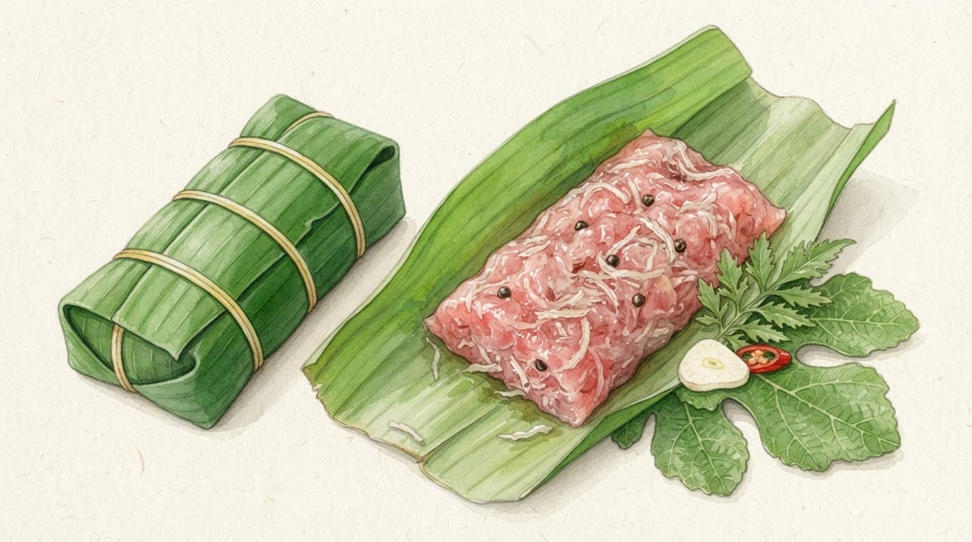 Khối nem bọc lá chuối cạnh thịt nem, lá đinh lăng, tỏi và ớt đỏ.