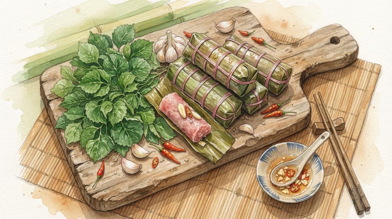 Món nem chua truyền thống được dọn kèm lá đinh lăng tươi, tỏi và ớt trên thớt gỗ.