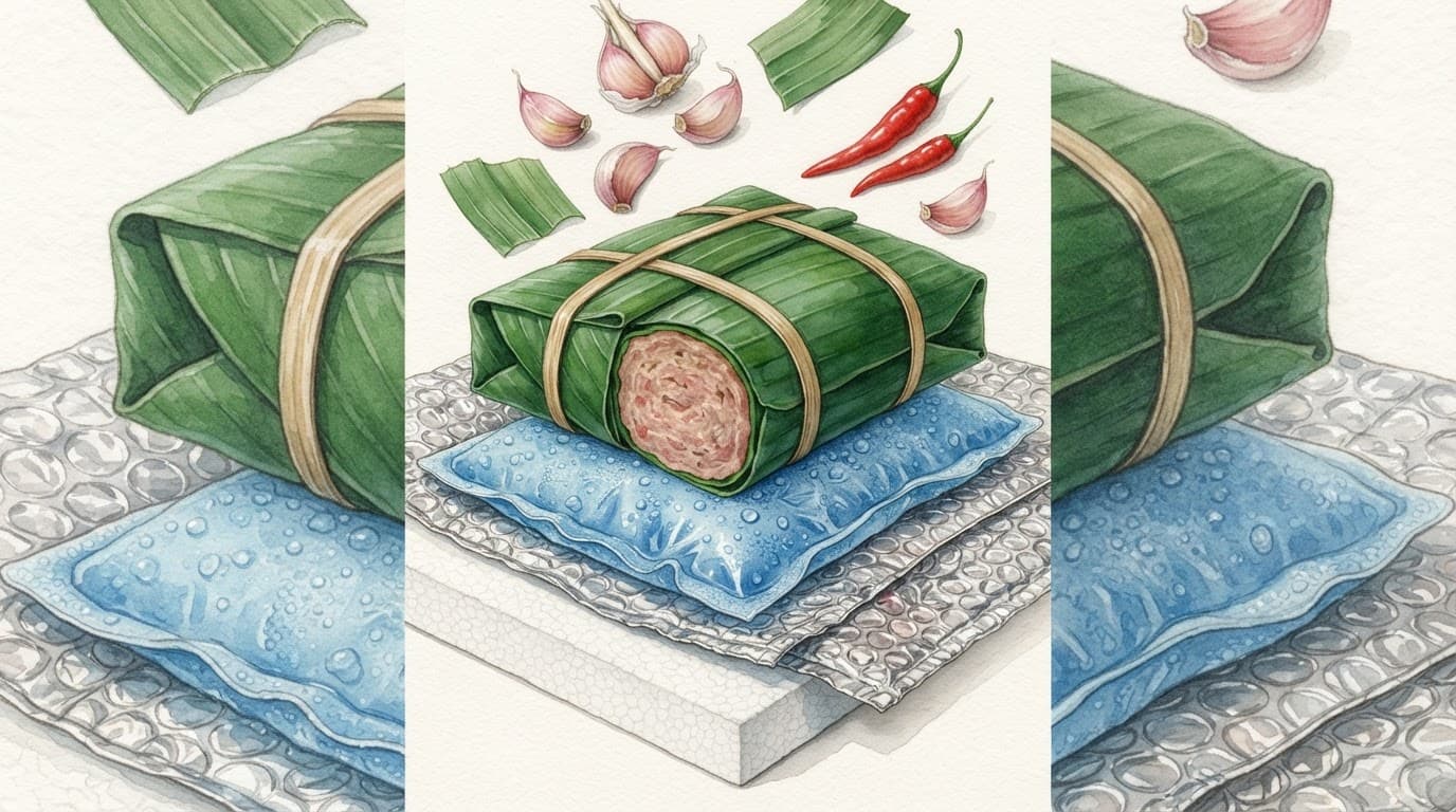 Nem chua trong bao bì giữ nhiệt cùng đá gel, lá chuối, tỏi và ớt đỏ.