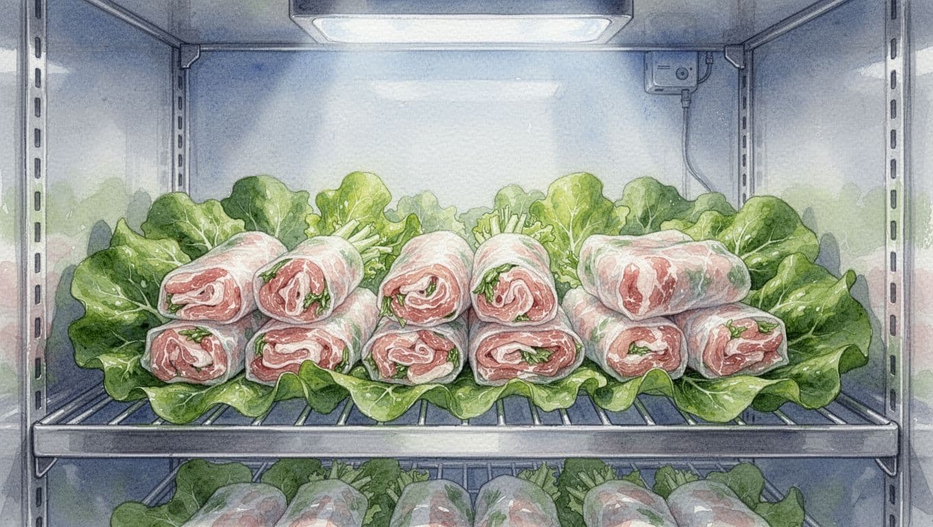 Nem chua được xếp trong hộp ở ngăn mát cùng lá xanh.