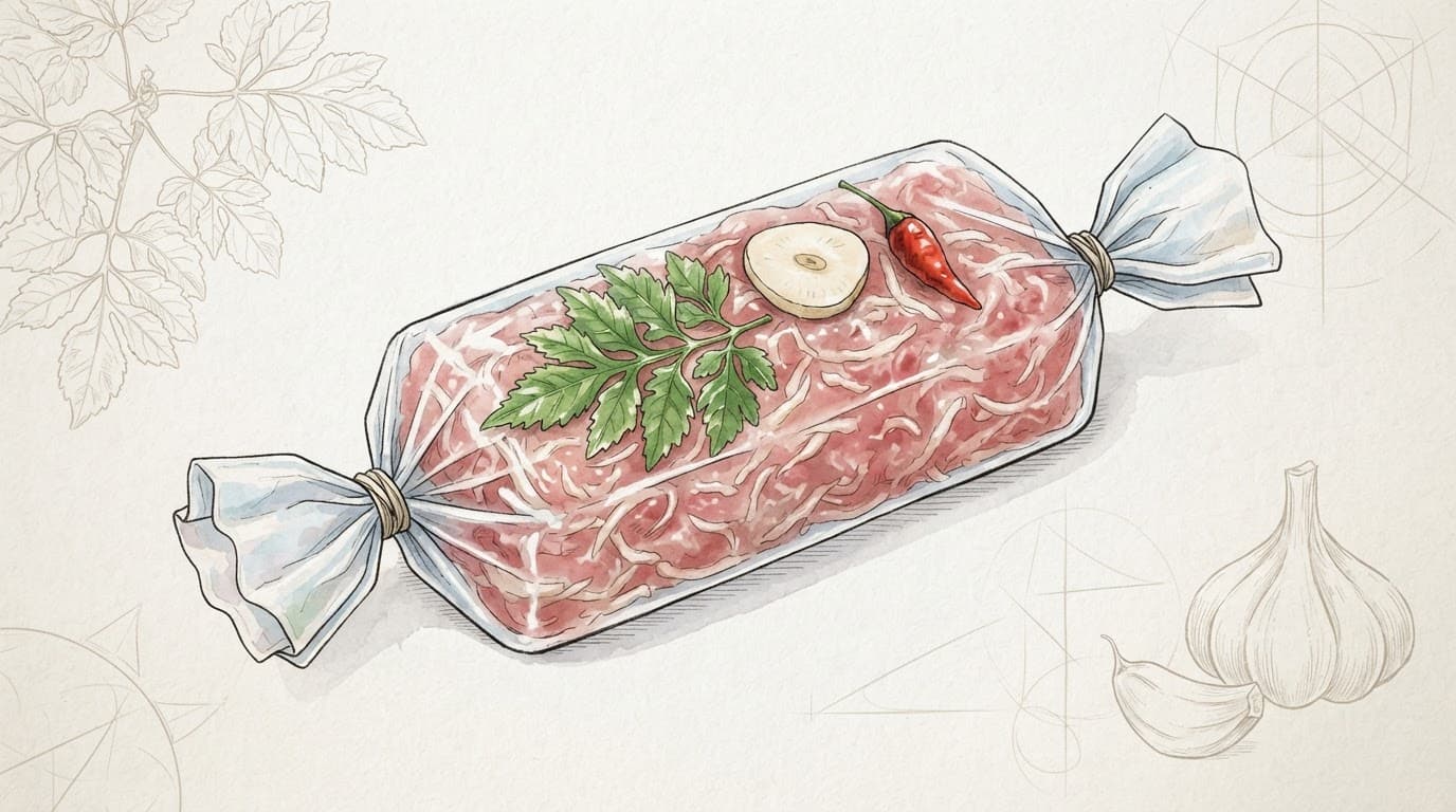 Nem chua bọc màng trong, kèm lá đinh lăng, tỏi và ớt đỏ.