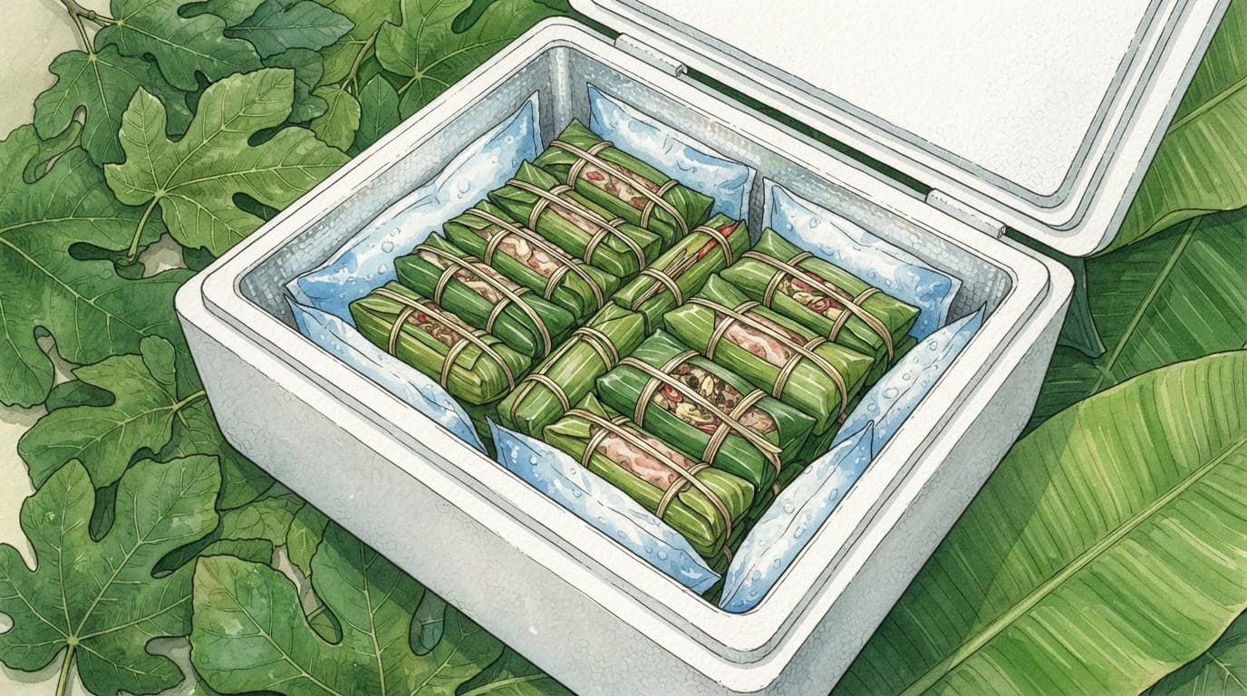 Các gói nem chua được xếp trong thùng cách nhiệt cùng túi gel đá.