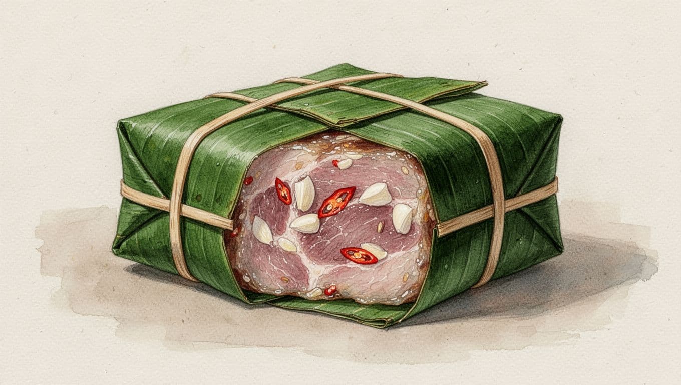 Khối nem hồng bọc lá chuối, buộc dây cao su, có tỏi và ớt bên trong.