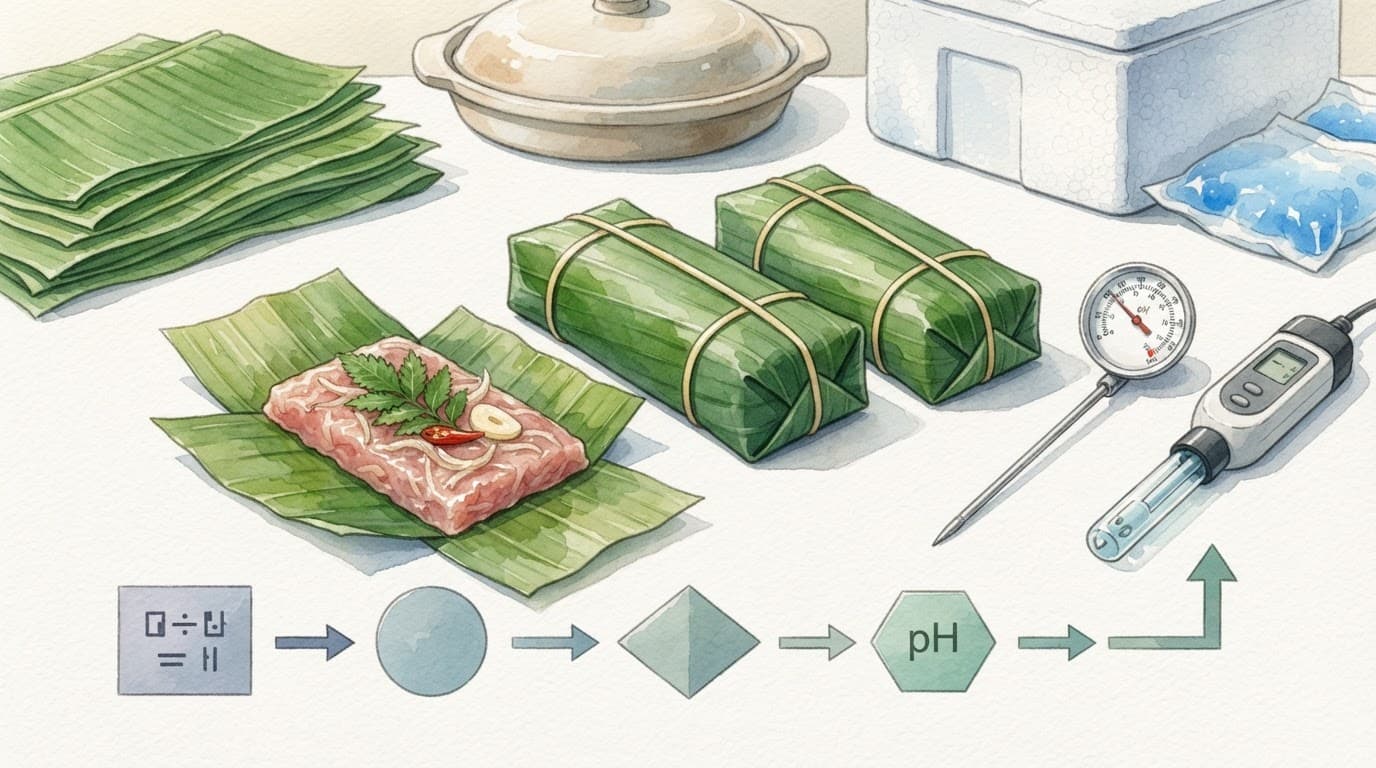 Ba gói nem chua bọc lá chuối cạnh nhiệt kế và máy đo pH.