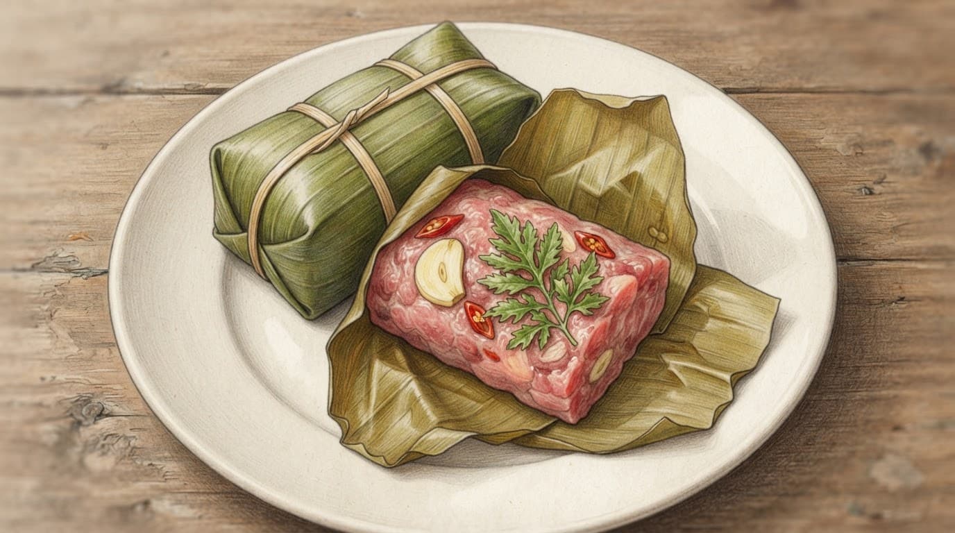 Nem chua bóc dở trên đĩa, cùng lá đinh lăng, lát tỏi và quả ớt.