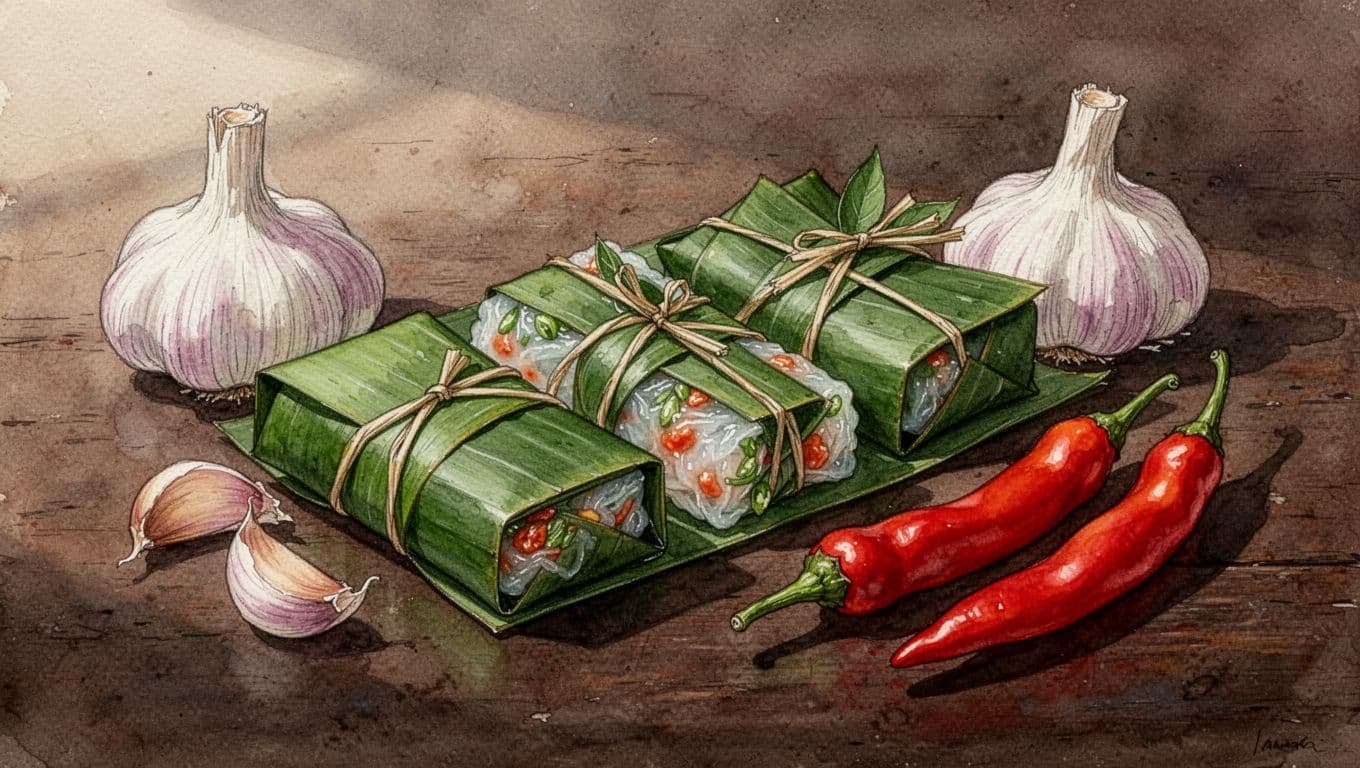 Các gói nem chua bọc lá chuối đặt cạnh tỏi và ớt trên mặt gỗ sẫm màu.