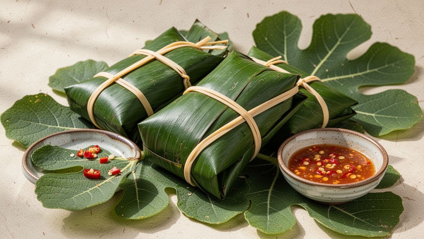 Gói nem chua bọc lá chuối đặt cạnh chén tương ớt.