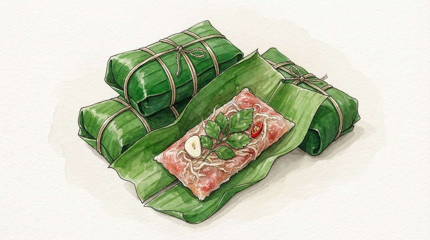Nem chua gói lá chuối mở hé, lộ nhân hồng cùng tỏi, ớt và lá đinh lăng.