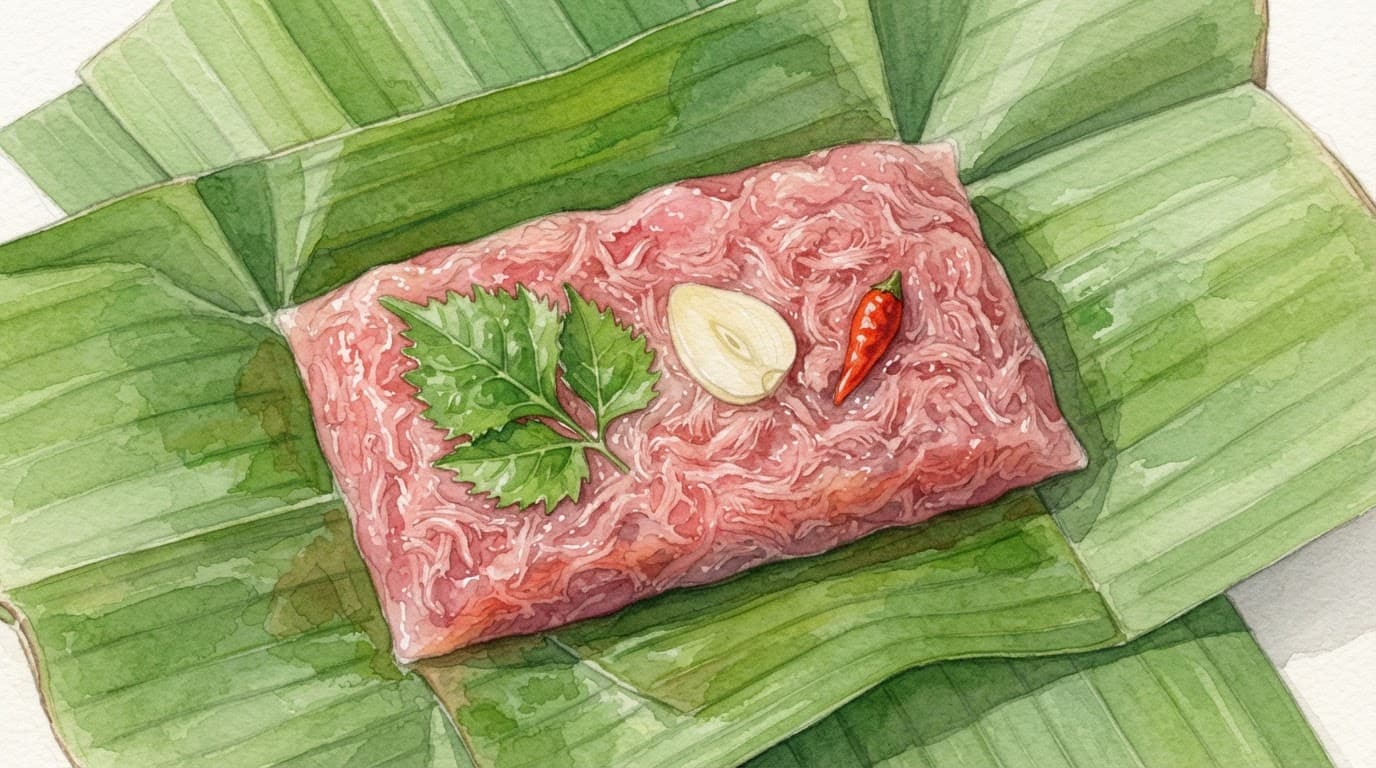 Khối nem chua bóc vỏ trên lá chuối cùng lá đinh lăng, tỏi và ớt.