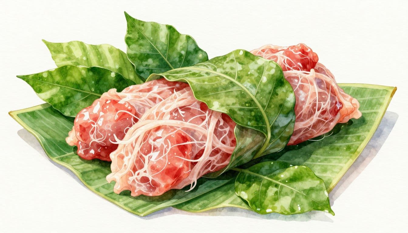 Nem chua hồng trong với sợi bì và lá ổi xanh trên lá chuối.