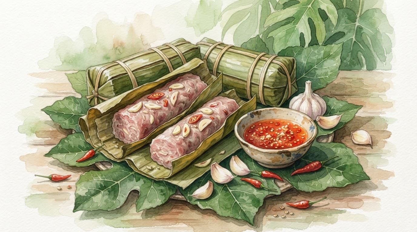 Nem chua trên lá sung, kèm bát tương ớt và tép tỏi.