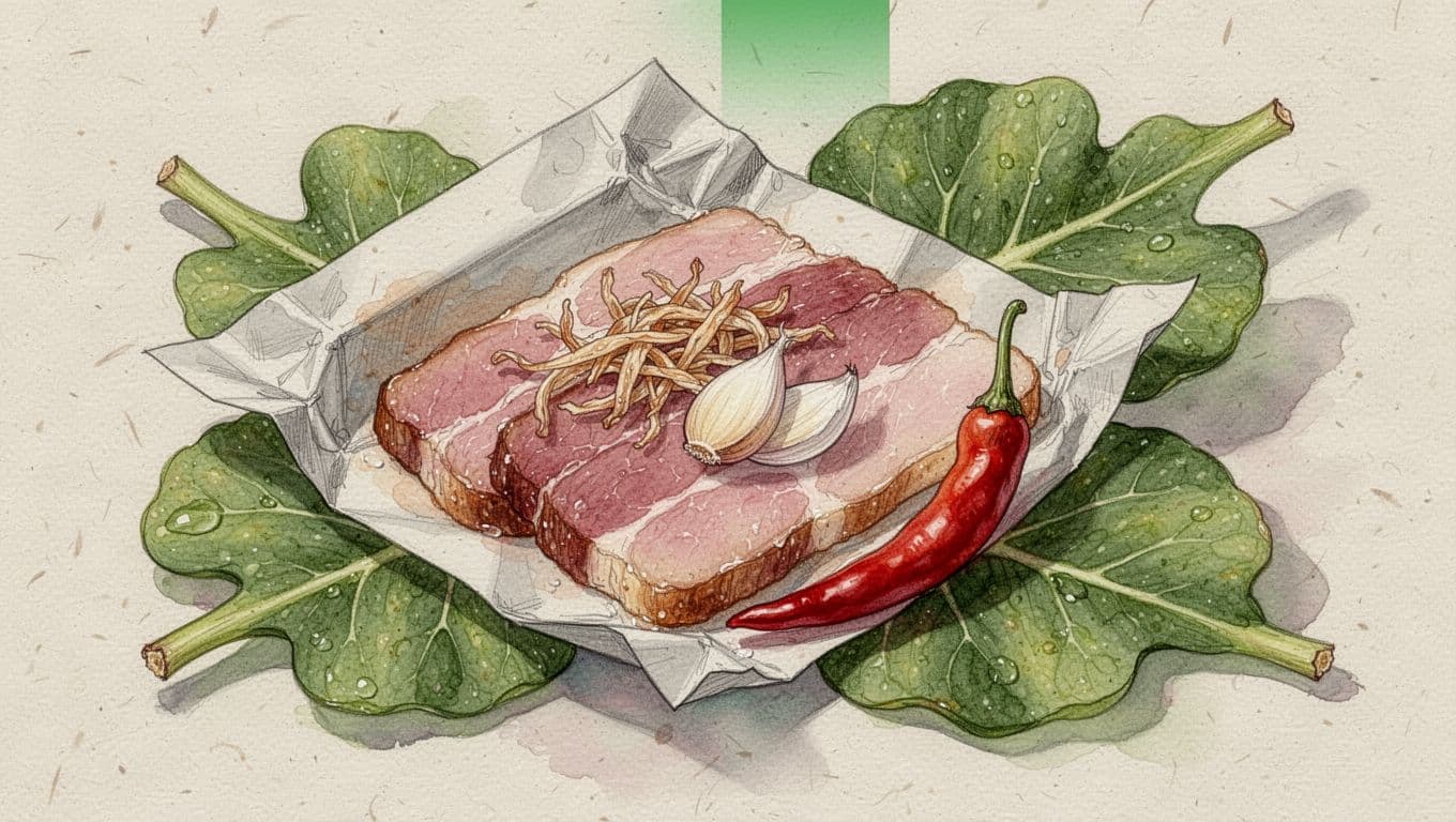 Gói nem chua mở trên lá sung, có tỏi, ớt đỏ và sợi bì.