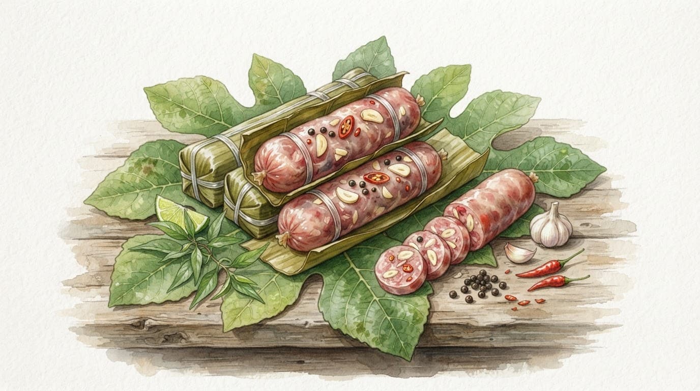 Những miếng nem chua được bày trên lá sung tươi trong minh họa màu nước.