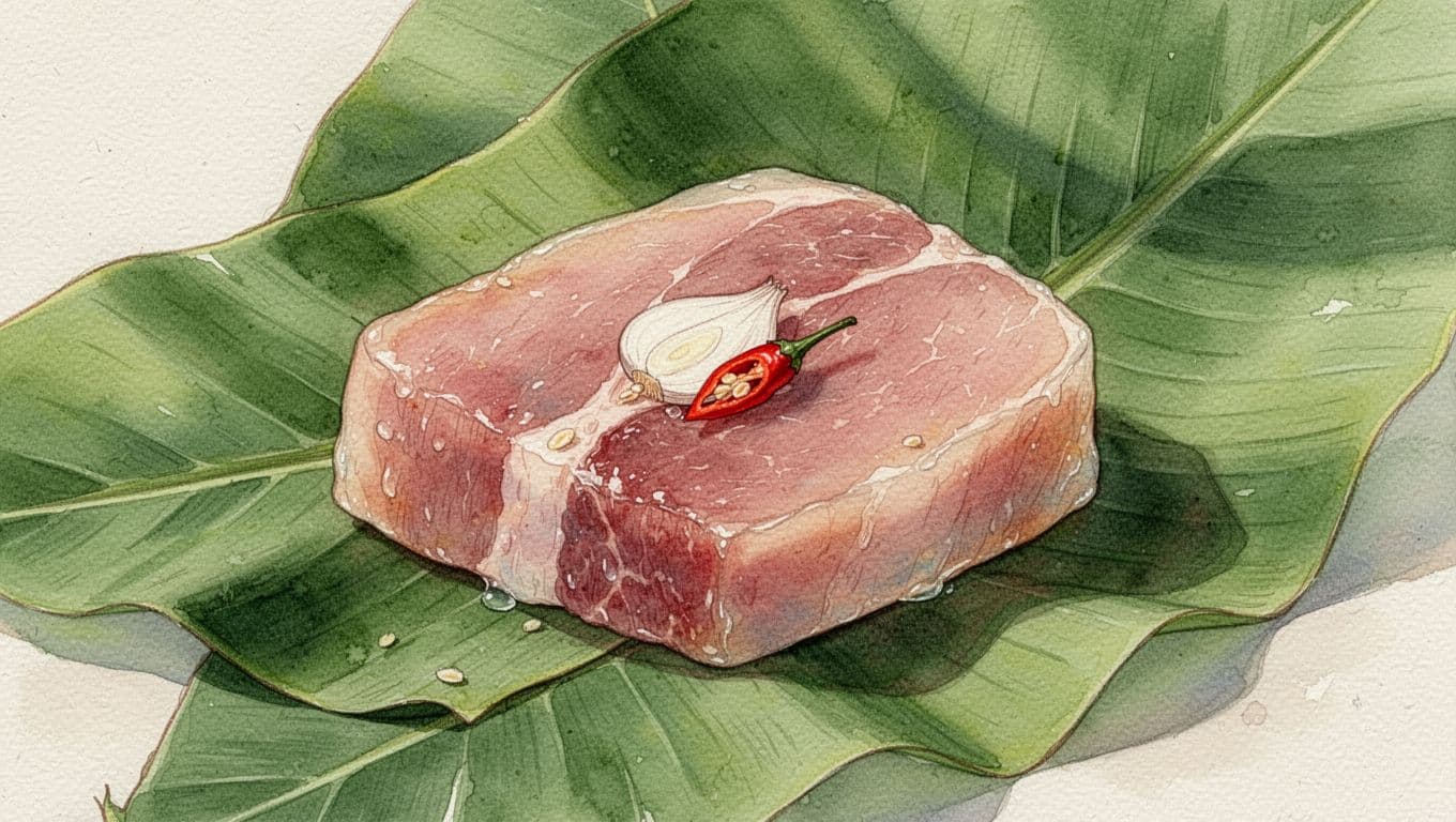 Miếng nem chua mở gói với lát tỏi và ớt trên nền lá chuối xanh.