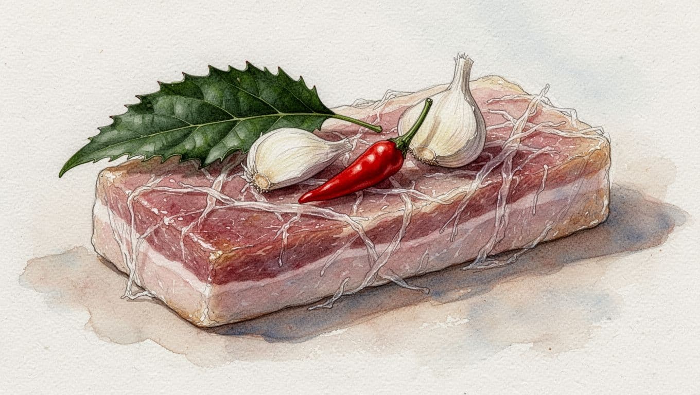 Khối nem chua hồng có sợi bì, lá xanh, lát tỏi và ớt đỏ.