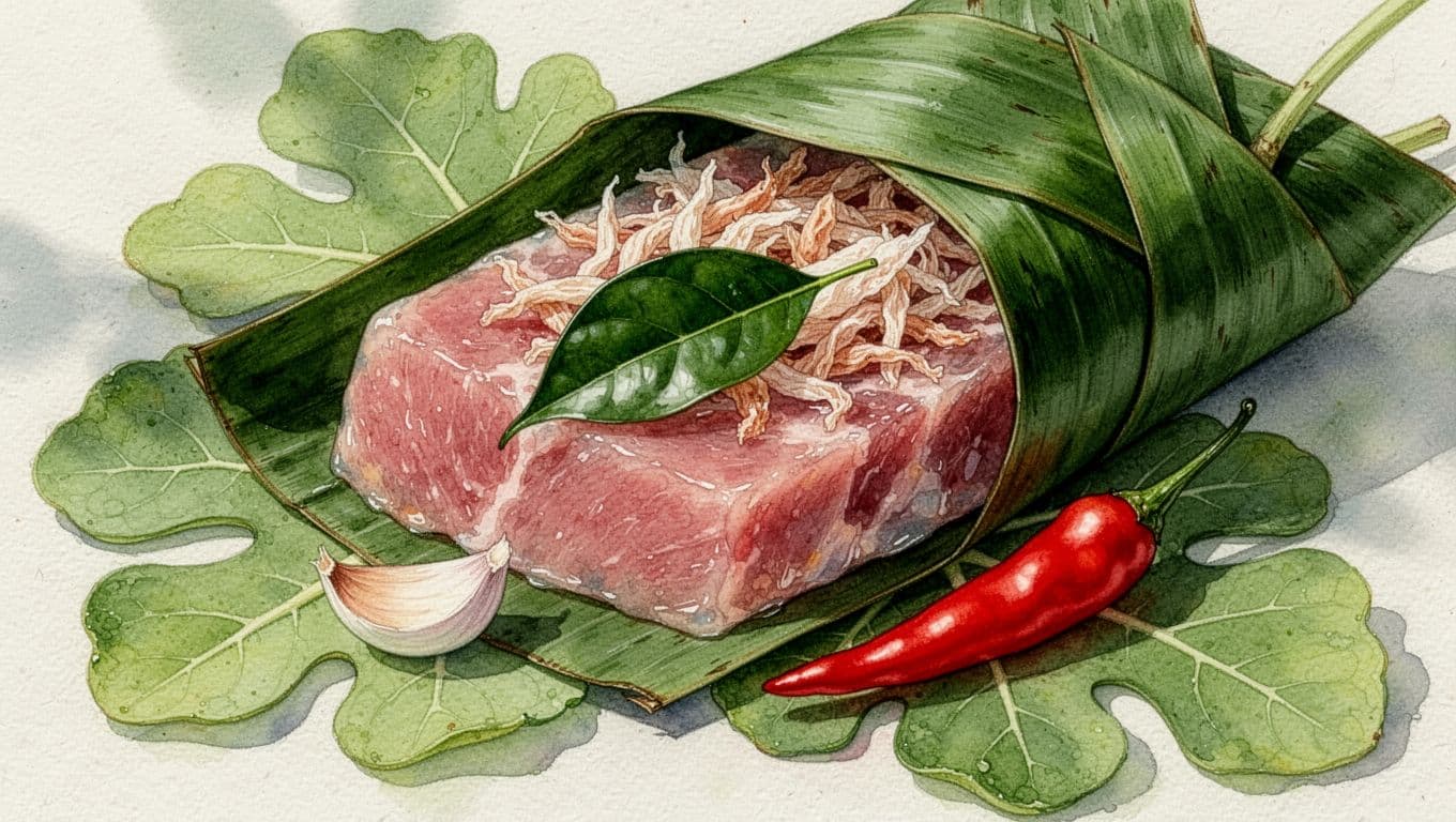 Nem chua Thanh Hóa bọc lá chuối xanh, hé lộ thịt hồng cùng tỏi và ớt đỏ trên lá sung.