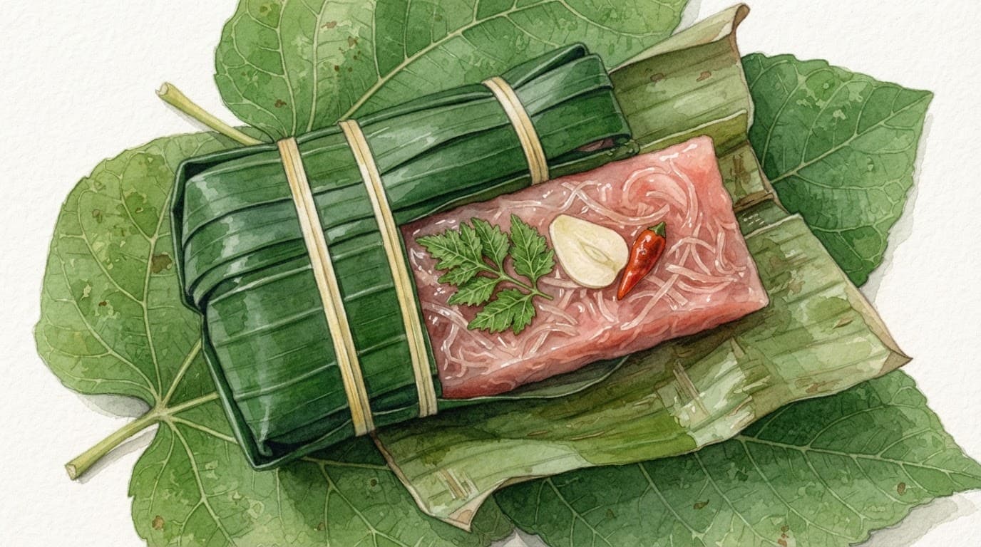 Nem chua bọc lá chuối, hé lộ thịt hồng cùng tỏi, ớt và lá đinh lăng.