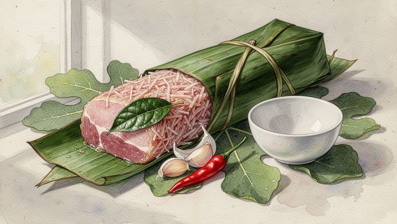 Gói nem trong lá chuối xanh, hé lộ thịt hồng, bì heo, tỏi và ớt đỏ trên lá sung.