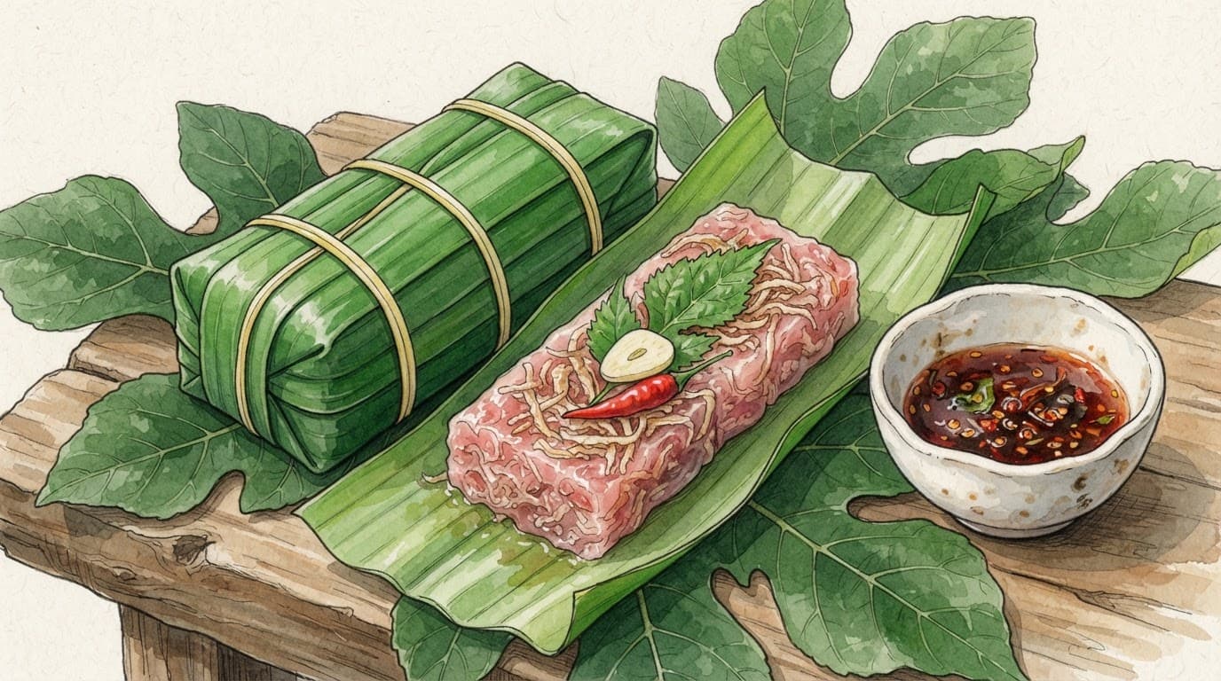 Nem chua bọc lá chuối, gói mở và bát tương ớt đặt trên lá sung.