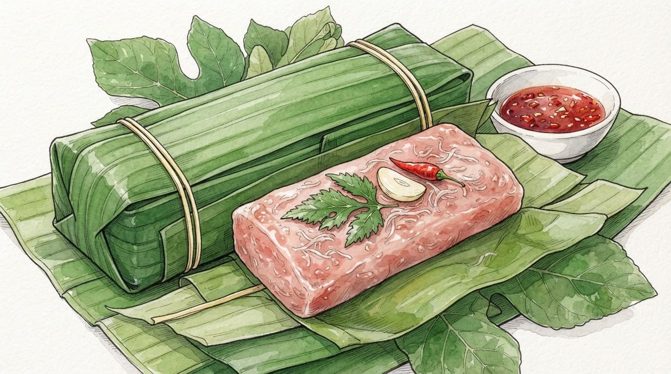 Nem chua bọc lá chuối, kèm tỏi, ớt, lá đinh lăng và bát nước chấm.
