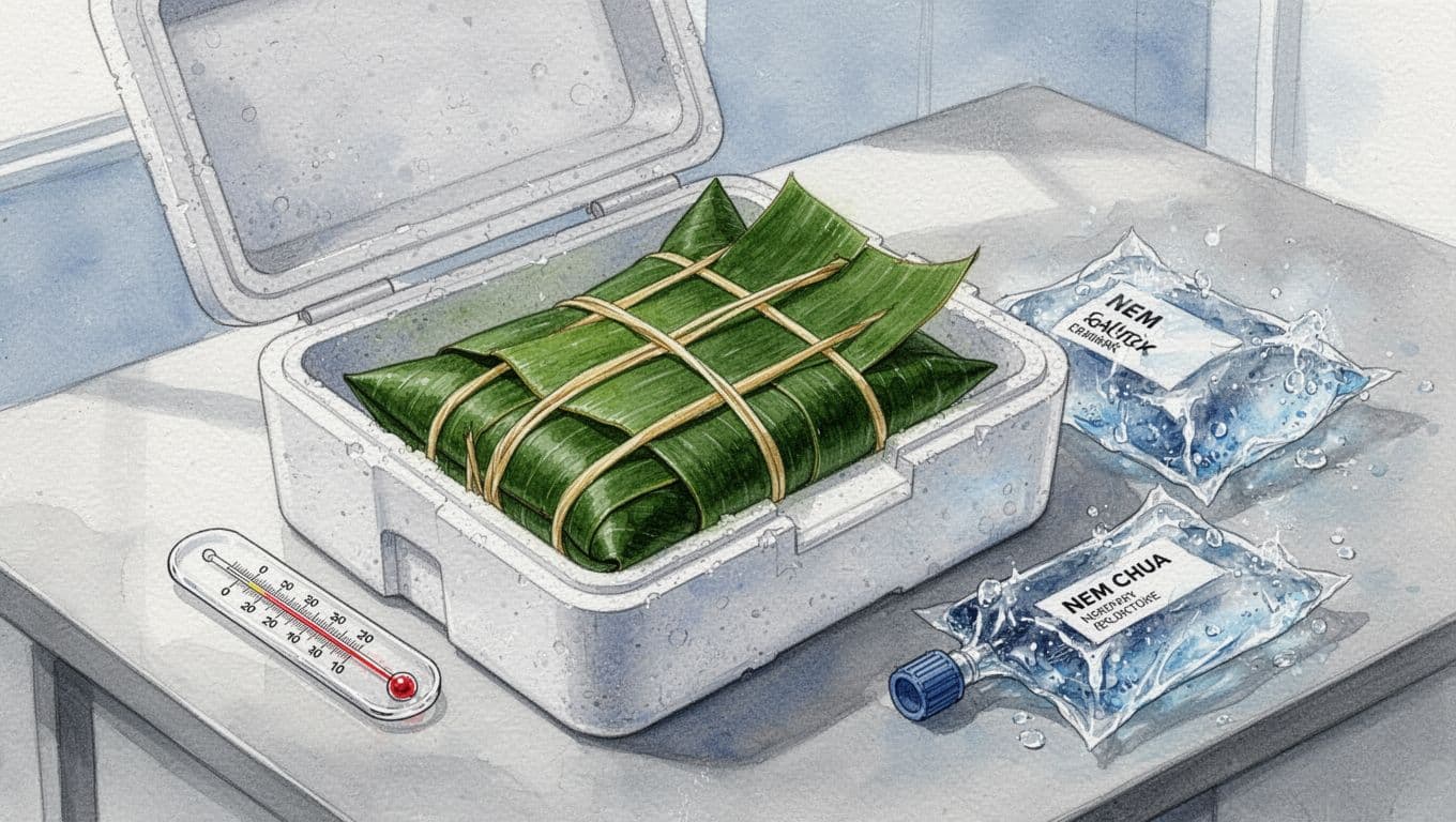 Gói nem chua bọc lá chuối nằm cạnh nhiệt kế và túi gel lạnh.