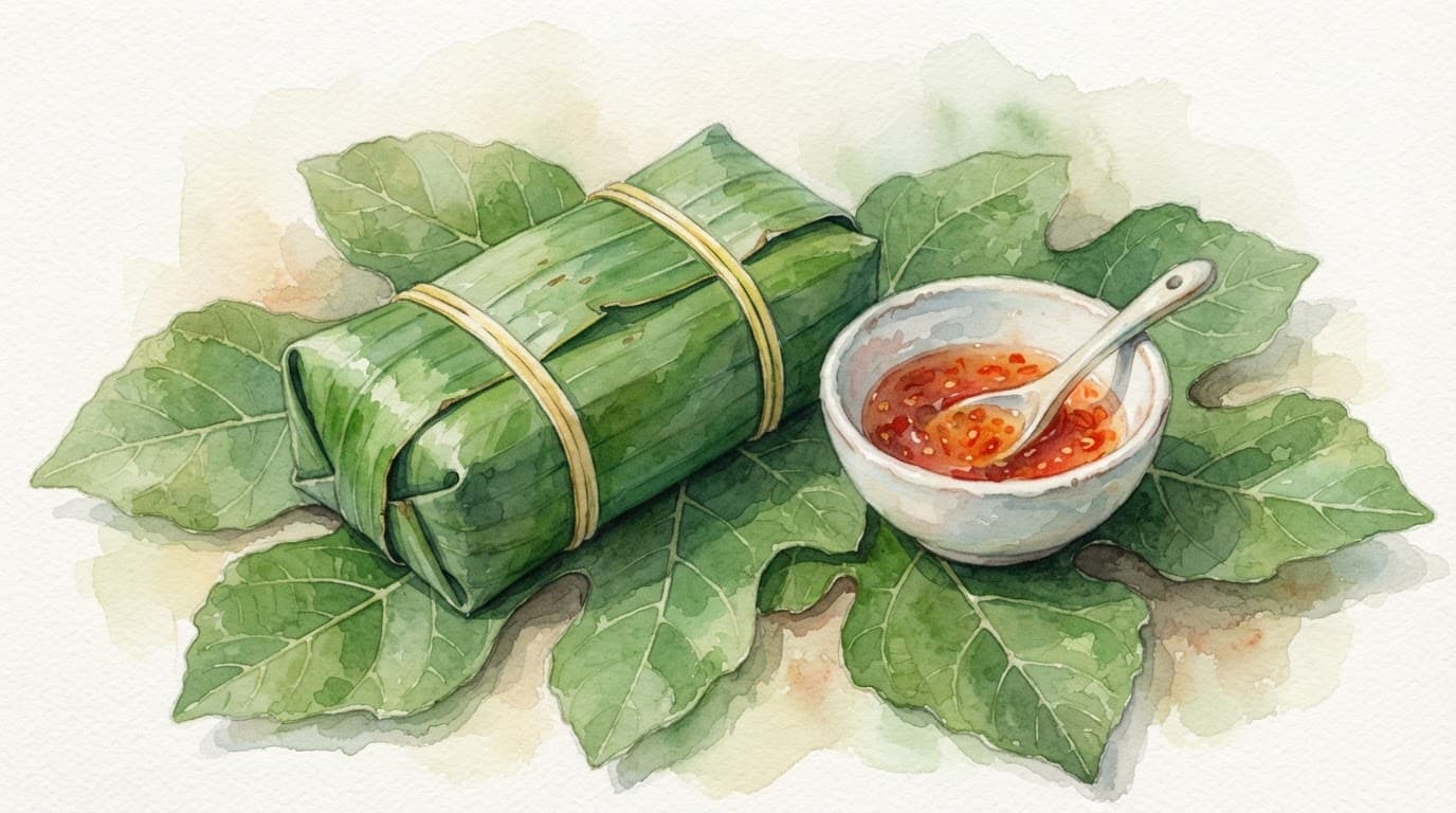 Nem chua Thanh Hóa bọc lá chuối đặt cạnh bát sốt ớt trên lá sung.