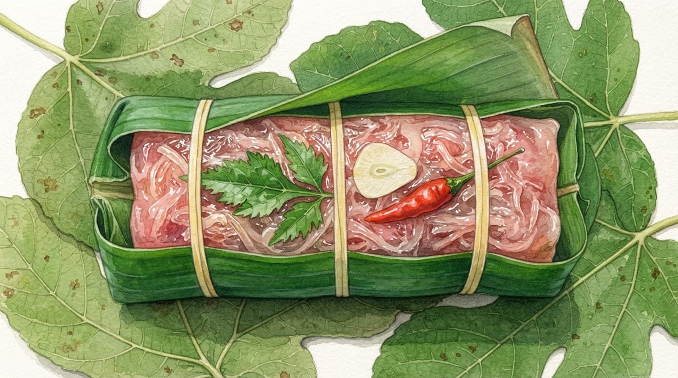 Nem chua Thanh Hóa bọc lá chuối, kèm lá đinh lăng, tỏi và ớt.