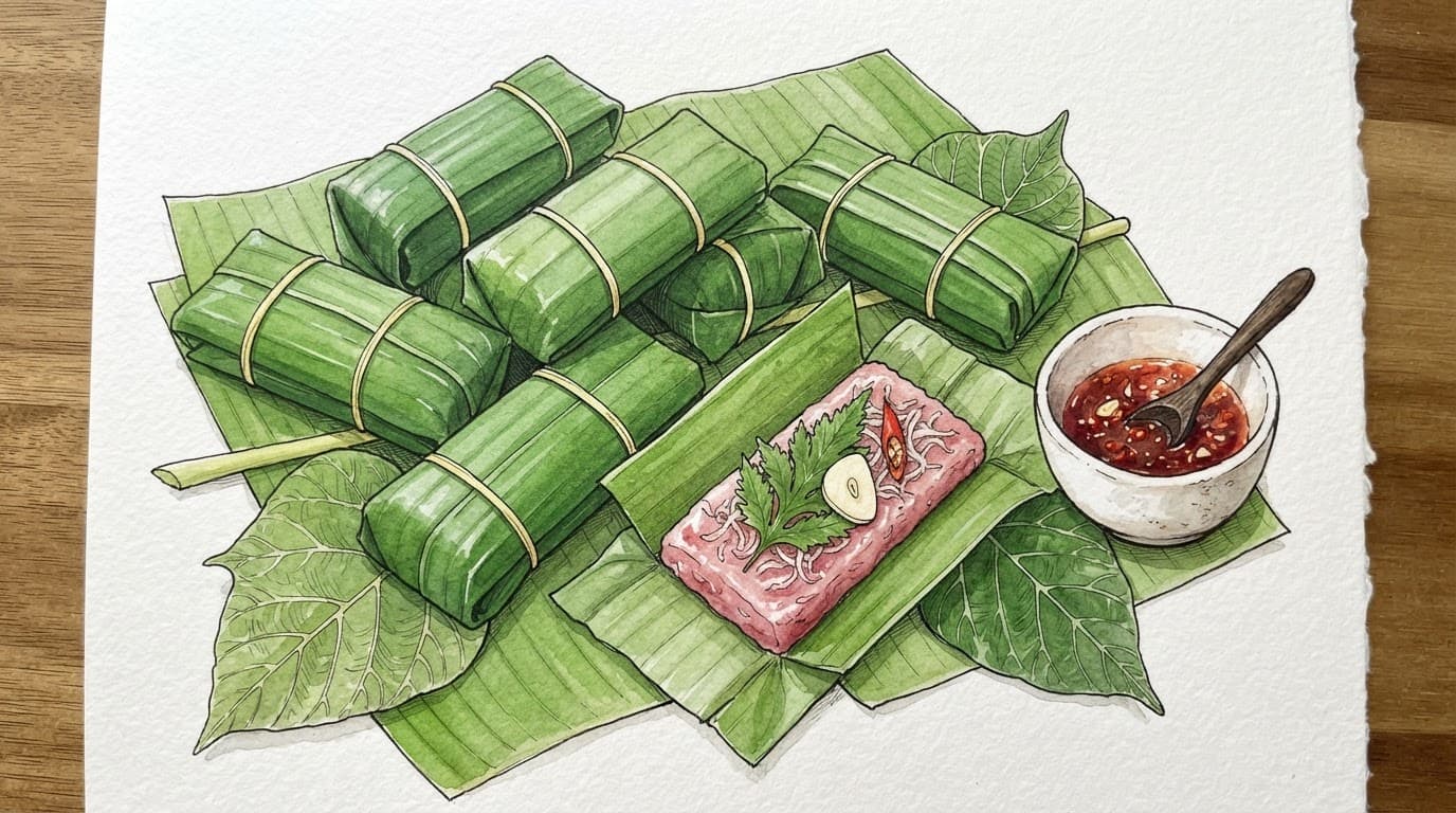 Các khối nem chua gói lá chuối nằm cạnh bát tương ớt.