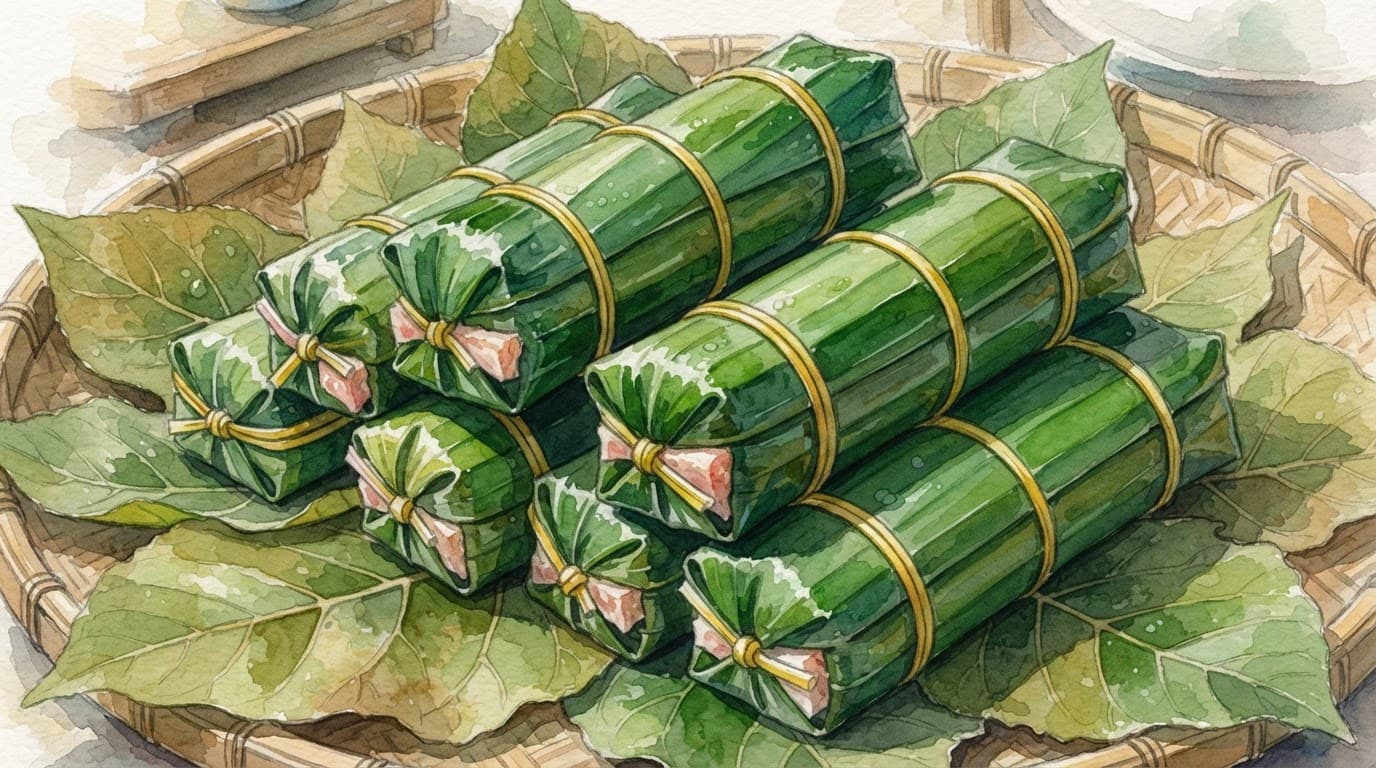 Nem chua bọc lá chuối xanh đặt trên lá vả dưới ánh nắng ban mai.