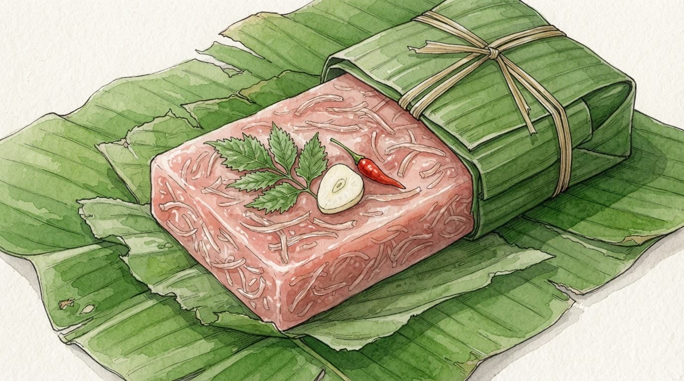 Khối nem mở trên lá chuối, có sợi bì, lá đinh lăng, tỏi và ớt đỏ.