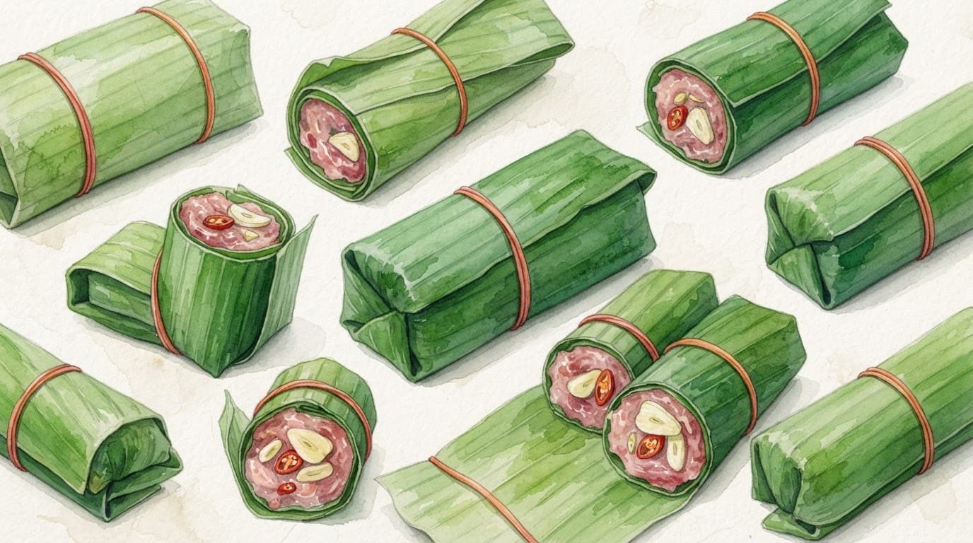Nem chua Thanh Hóa bọc lá chuối xanh và buộc bằng dây thun.