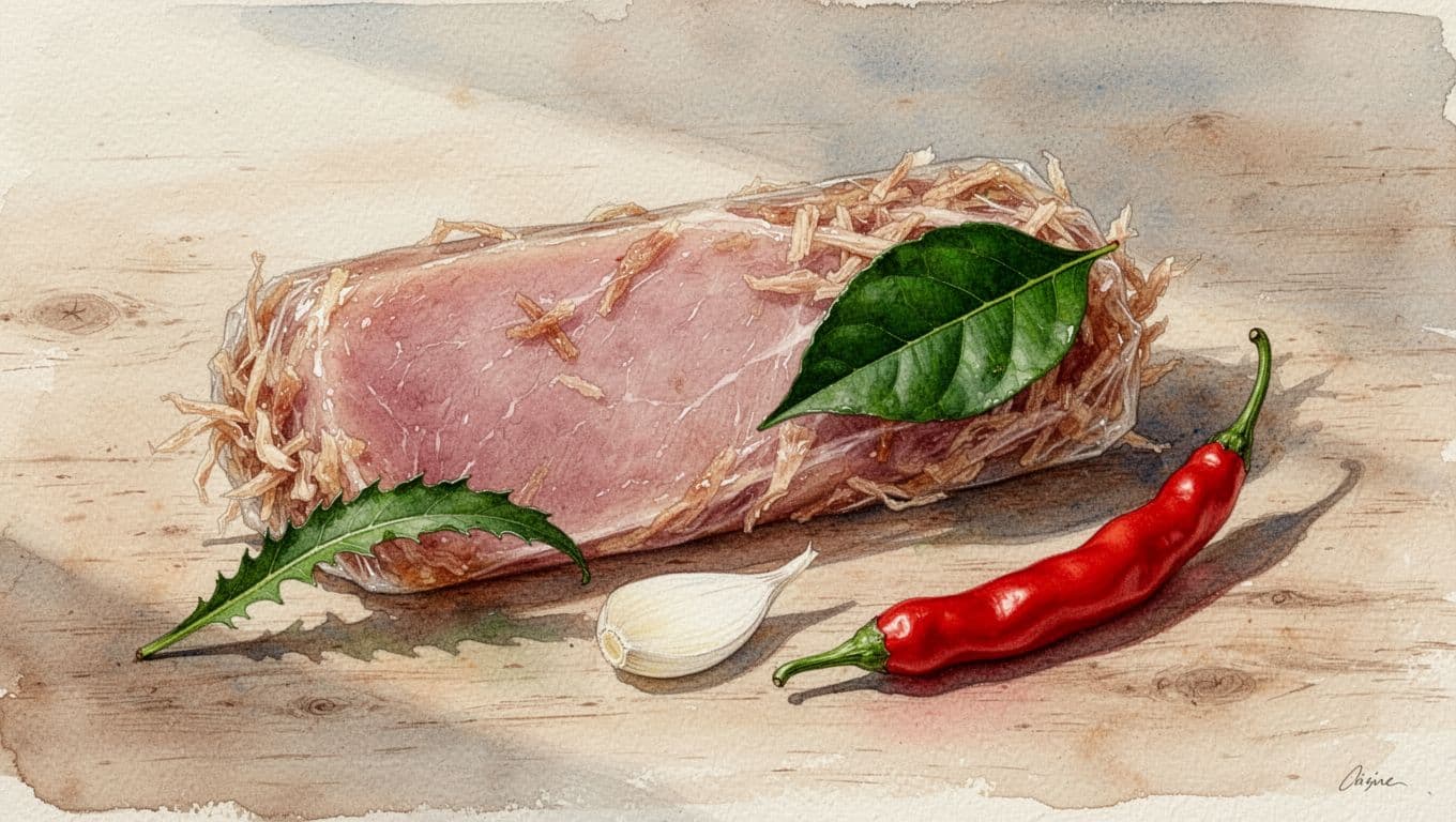 Nem chua hồng trong với lá đinh lăng, lát tỏi và ớt đỏ.