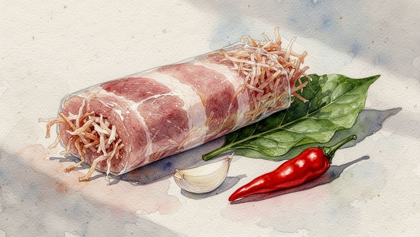 Miếng nem chua hồng trong mờ cùng bì, lá đinh lăng, tỏi và ớt đỏ.
