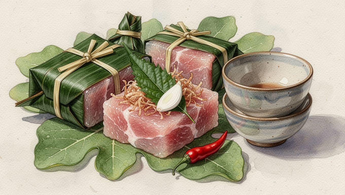 Các khối nem chua Thanh Hóa nằm trên lá chuối, cạnh lá đinh lăng, tỏi và ớt.